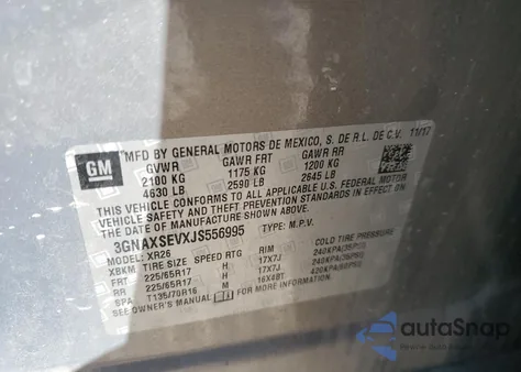 2018 Chevrolet Equinox Lt z USA, uszkodzony, nr VIN 3GNAXSEVXJS556995